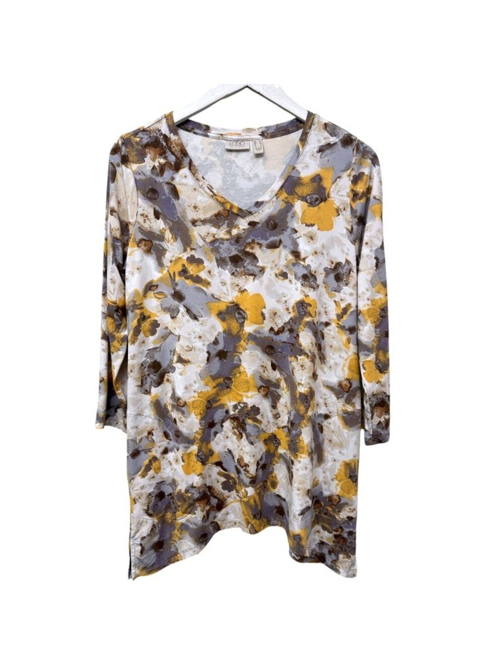 LOGO Lori Goldstein Tunic Tee Womens Medium Top Yellow Print Pockets 3/4 Sleeve